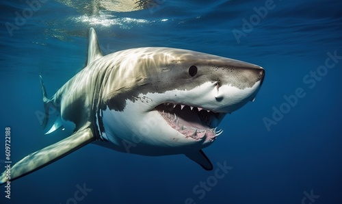  a great white shark with its mouth open in the water.  generative ai © Anna
