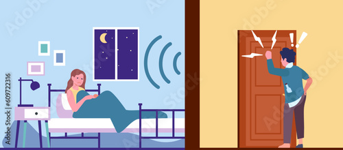 Drunken man knocks on door. They wont let him in house. Angry woman does not sleep. Night insomnia. Person waking up from loud noise in home hallway. Alcohol addiction. Vector concept