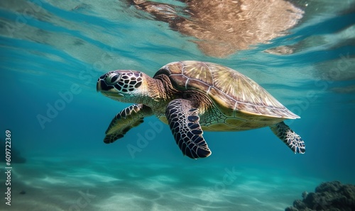  a turtle swimming in the ocean with its head above the water. generative ai