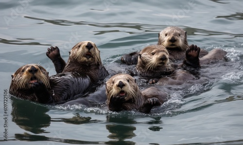  a group of sea otters swimming in the ocean together.  generative ai © Anna