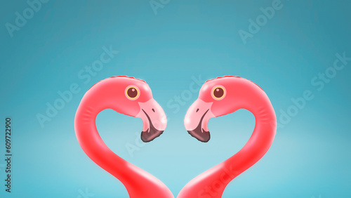 Cute loving inflatable flamingos looking at each other