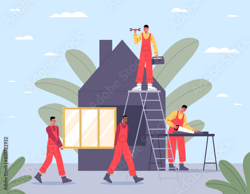 Home renovation scene. Cartoon workers characters. Guys in overalls sawing and mounting window. Builders brigade repairing house. Professional masters. Carpenter on ladder. Vector concept