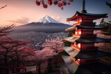 Travel, landscape, cityscape concept. Fujiyoshida, Japan Beautiful view of mountain, Chureito pagoda, cherry blossoms. Generative AI