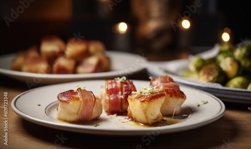  a plate of scallops with bacon on top of it next to a plate of brussel sprouts and a plate of brussel sprouts.  generative ai