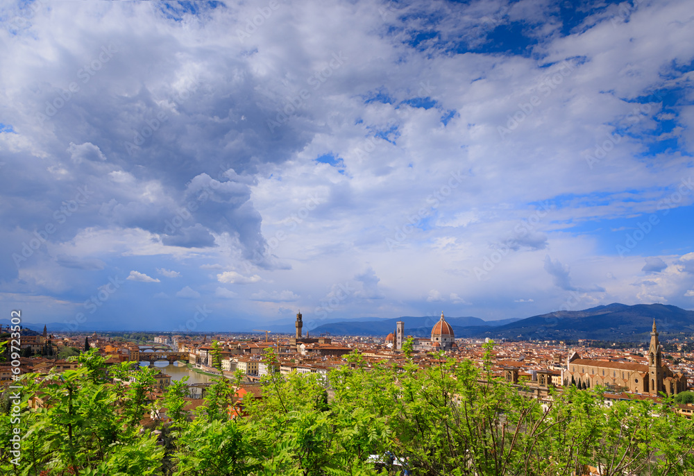Florence skyline: in the distance the dome of the Cathedral of Santa Maria del Fiore which dominates the city.