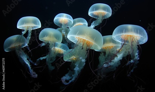  a group of jellyfish swimming in the ocean together on a black background with a black background and a black background with a white border. generative ai
