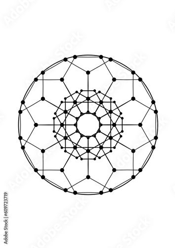 kreisfläche gefüllt mit einem rotationssymmetrischen muster aus verscheidenen polygonen, deren eckpunkte mit ponkten markiert sind, modern art