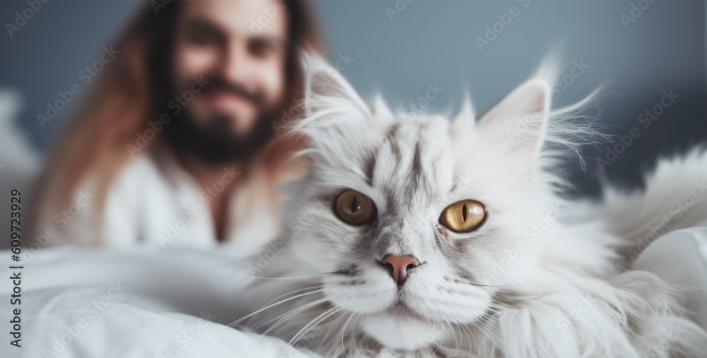 Close up of a cute shaggy cat and happy smiling man on the bed