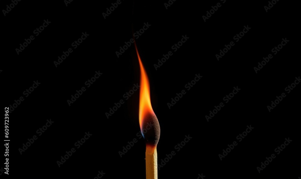  a matchstick with a lit match on a black background with the match lit in the middle of the matchestick, with a red flame coming from the end of the match.  generative ai