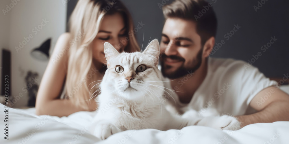Happy smiling couple and their shaggy cat sitting on the bed, enjoying relaxed morning at home Happy smiling couple and their shaggy cat sitting on the bed, enjoying relaxed morning at home