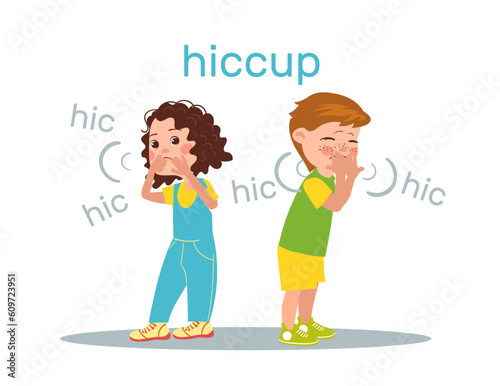 Little boy or girl standing and hiccupping. Diaphragm and stomach disease. Kids producing hiccup sound. Onomatopoeia English word. Preschool children cover mouth with hand. Vector concept