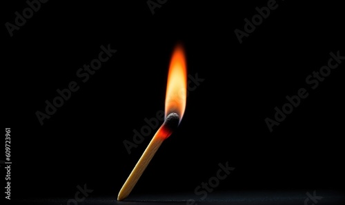  a matchstick with a flame on a black background with a reflection of the matchstick in the middle of the matchstick is lit up. generative ai