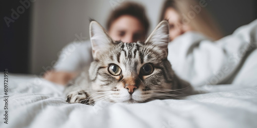 Close up of a cute tabby cat and happy smiling couple on the bed