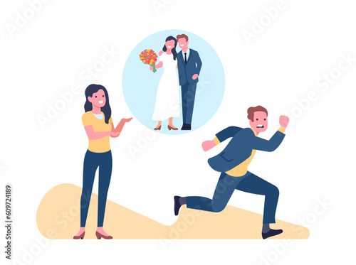 Man runs away from woman who has offered to marry him. Rejection of engagement. Bride or groom conflict. Couple love relationship. Afraid boyfriend escaping from wedding. Vector concept