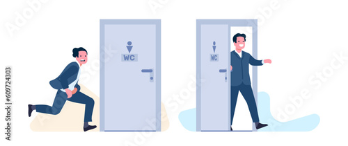 Man with diarrhea runs to bathroom. Happy guy comes out of WC. People rush to public toilet. Stomach or bladder disease. Poo and urination problem. Hurry to lavatory. Vector concept