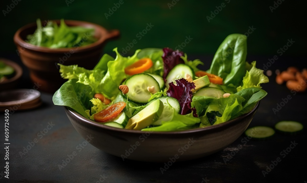  a bowl of salad with lettuce, tomatoes, cucumbers, and almonds on a black table with other bowls of food.  generative ai