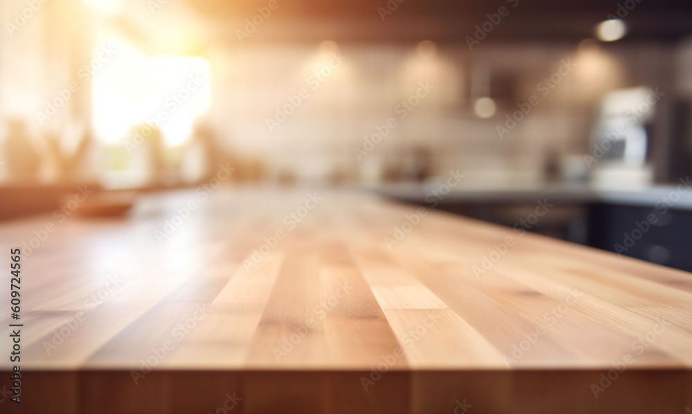 A wooden table in a kitchen, background blurred, ideal for product placements, Generative AI