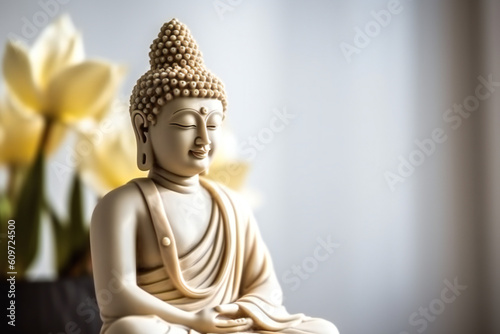 A Buddha figure in front of a bright background, Generative AI