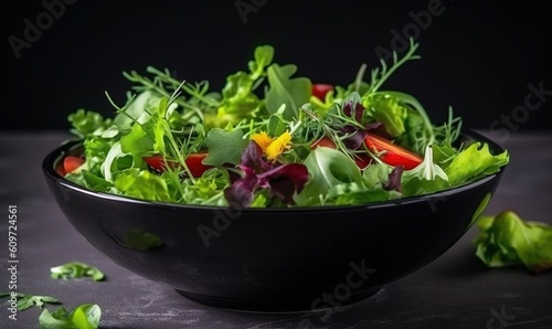 a black bowl filled with green and red salad leaves on top of a black tablecloth covered tablecloth with scattered scattered greens and red and yellow and green leaves. generative ai