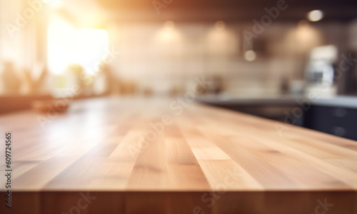A wooden table in a kitchen, background blurred, ideal for product placements, Generative AI