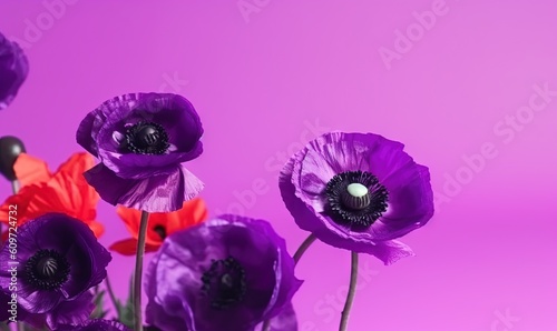  a vase filled with purple flowers on top of a purple tablecloth with a white dot in the center of the flowers and a pink background.  generative ai