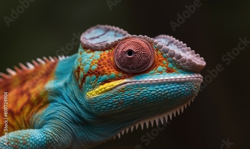  a close up of a colorful chamelon on a branch with a blurry back ground and a black background with a red and yellow stripe around the eye.  generative ai