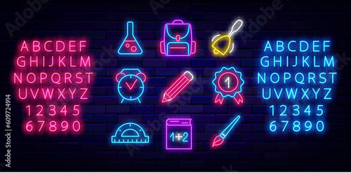 Back to School neon icons set. Backpack, bell and alarm clock. Shiny pink and blue alphabet. Vector stock illustration