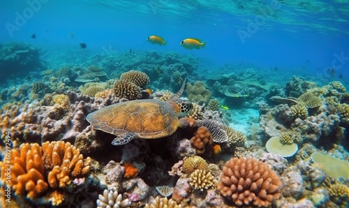 a turtle swimming over a colorful coral reef in the ocean with other fish and corals on the bottom of the reef photo by steve j scott. generative ai
