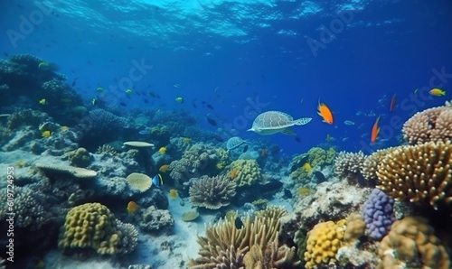  a sea turtle swims over a coral reef in the blue water of a tropical sea with plenty of fish and corals in the foreground. generative ai