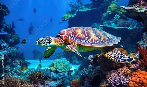  a sea turtle swimming in an aquarium with corals and other marine life in the background and a fish swimming in the foreground of the photo.  generative ai
