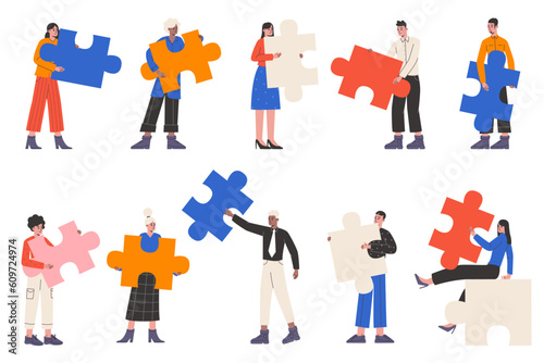 Puzzle teamwork. People holding color jigsaw pieces. Game elements. Keys to interactive. Business persons team. Colleagues cooperation. Men and women communication. Vector concepts set