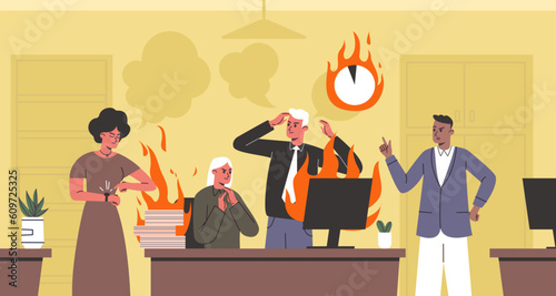 Stress at work. Office team brainstorming. Employees solve tasks. Business people in flames. Intensive discussion. Colleagues conflict or deadline. Stressful atmosphere. Vector concept