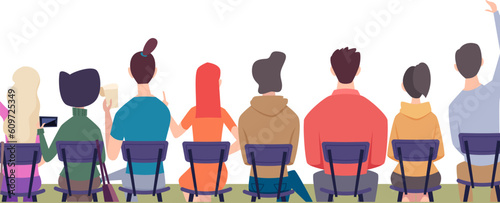 Back view sitting people. students and listeners on the lecture. Vector background
