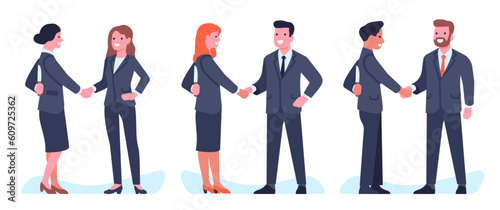Treachery and lie. Betrayal handshakes. Two businessmen shaking hands. People holding knife behind back. Fake partnership. Deceit negotiation and deal. Vector unreliable partners set