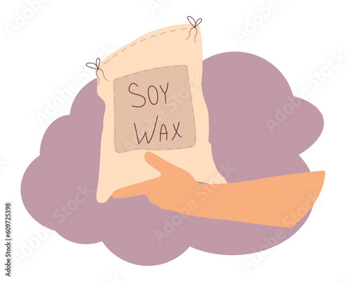 Instructions for creating a candle at home, adding a selection of soy wax, a hand holding a bag of wax