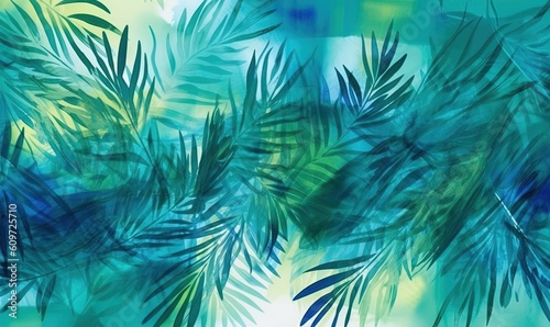  a painting of leaves on a green and blue background with a blue sky in the background and a blue sky in the foreground  and a blue sky in the middle.  generative ai