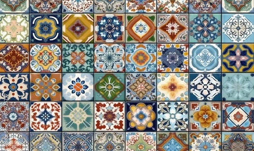  a bunch of different colored tiles that are on a wall or floor in different colors and shapes, all of which have different designs and shapes. generative ai