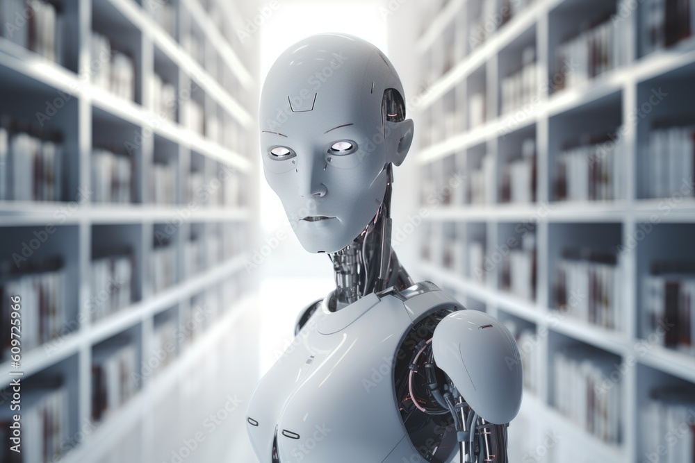Friendly robot, virtual assistant, futuristic library and online knolage idea. AI generative Friendly robot, virtual assistant, futuristic library and online knolage idea. AI generative