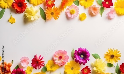  a white background with many different colored flowers on it's sides and a green leafy border on the bottom of the picture, and bottom right corner of the image. generative ai