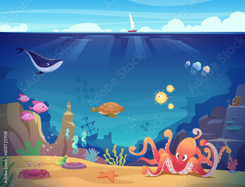 Underwater life. Background with ocean creature with tentacles exact vector cartoon template