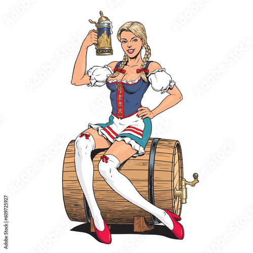 Oktoberfest waitress girl wearing a traditional Bavarian dirndl costume, sitting on a beer barrel and holding a beer mug. Young sexy blonde german woman. Pin up style vector illustration.