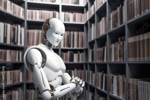 Friendly robot, virtual assistant, futuristic library and online knolage idea. AI generative