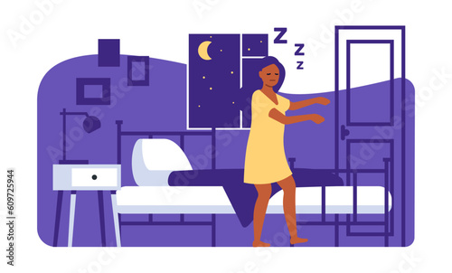Woman walking in her sleep at night. Sleepwalker in home bedroom. Somnambulist girl in pajama. Sleepwalking disorder. Dreaming female. Insomnia disease. Vector somnambulism concept