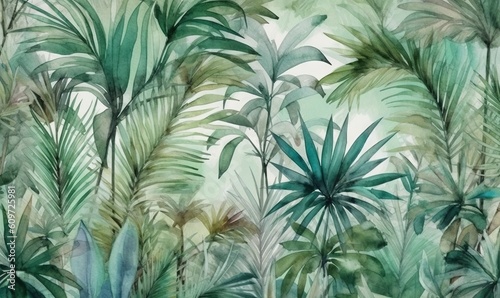  a watercolor painting of green plants and leaves on a white background with a green background that is very similar to a painting of palm trees.  generative ai