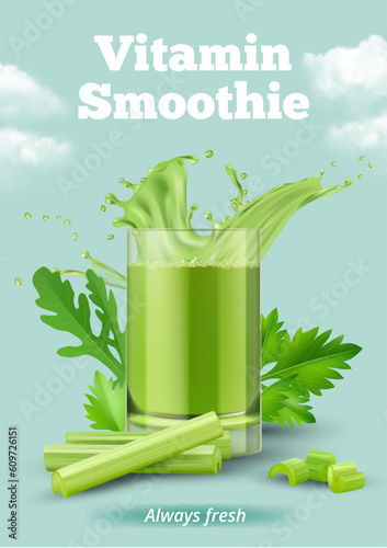 Celery vitamin smoothie. Natural healthy green products celery parsley in liquid form decent vector realistic placard template for print design project