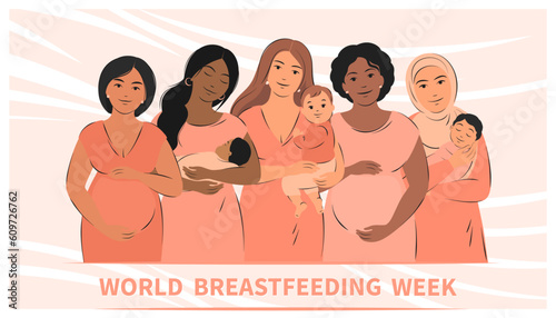 Banner about pregnancy, breastfeeding and motherhood. Group of pregnant women and women with children. World Breastfeeding Week. Vector illustration