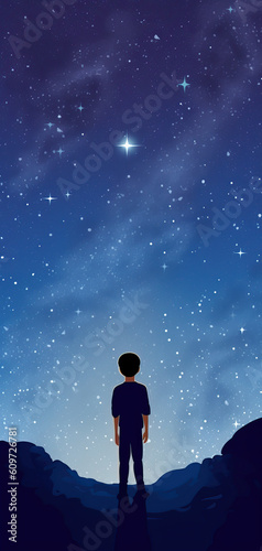 boy looking at night starry sky with glitter glow galaxy flicker above Generative Ai