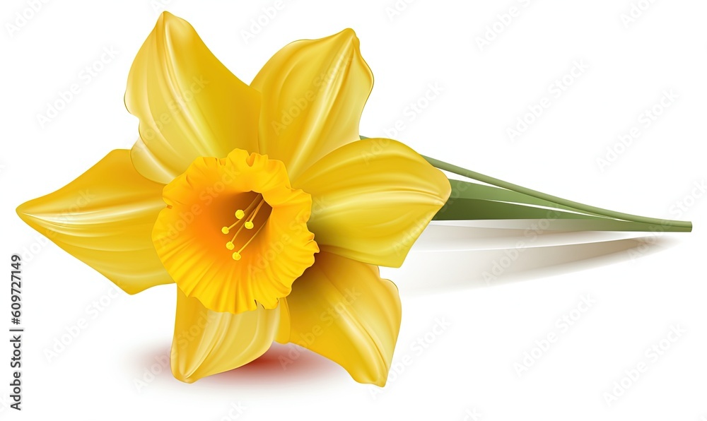  a yellow daffodil flower on a white background with long green stems in the center of the flower, with a shadow from the petals to the center of the flower.  generative ai