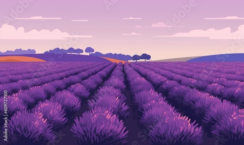  a lavender field with trees in the distance and clouds in the sky in the distance, with a purple sky in the background, and a purple sunset in the foreground. generative ai