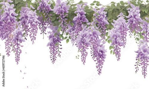  a bunch of purple flowers hanging from a green vine on a white background with leaves and flowers in the center of the frame  with a white background.  generative ai